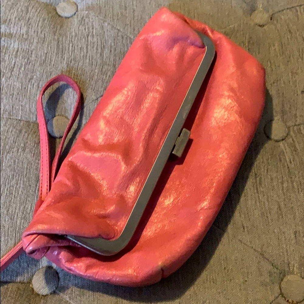 Pink leather fold over clutch
